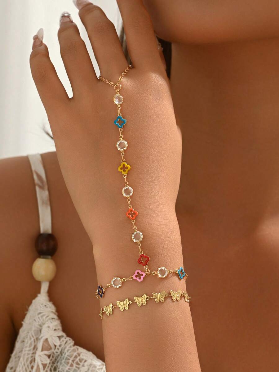 Bộ 2 chiếc dây chuyền hình cỏ ba lá thời trang, vòng tay nhiều lớp hình bướm pha lê thanh lịch, thích hợp để đeo hàng ngày, chụp ảnh đường phố và trang trí. Chiều dài và màu sắc của dây chuyền được làm thủ công và có thể chọn ngẫu nhiên. - Nhiều màu - Xem 1