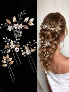 4pcs Handmade Alloy Faux Pearl Flower Hair Clips Bridal Wedding Headpiece Party Accessories Valentine's Day Accessories - 金子 - 查看 6
