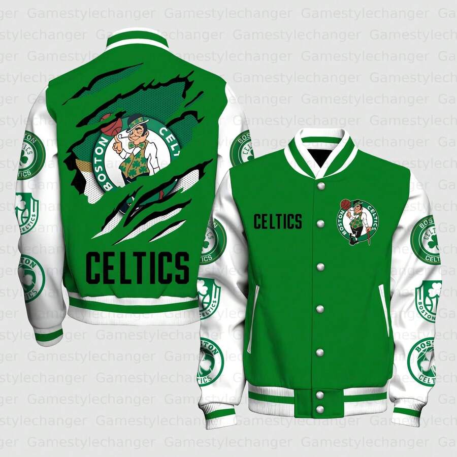 Men's N-B-A  Boston Celtics Tear Graphic Print Varsity Jacket Unisex Vintage Letterman Baseball Jacket Game Day Basketball Fan Gear Casual Streetwear Full Snap Outerwear - Style - View 1