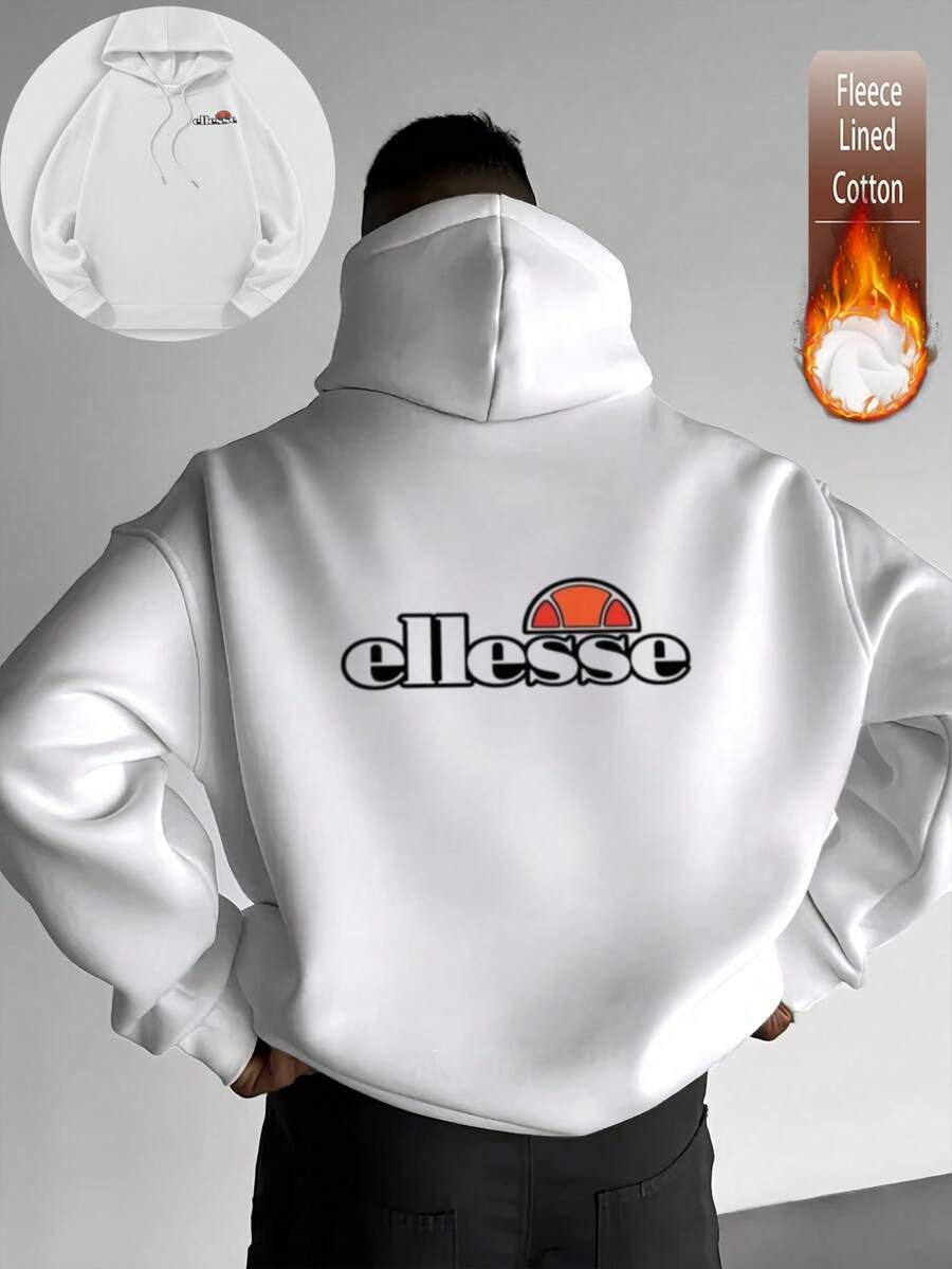 纯棉男士上衣，图案卫衣，落肩卫衣，春秋季加厚保暖宽松连帽衫 - 白色 - 查看 1