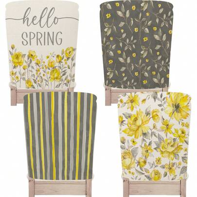 1pc/4pcs Yellow Floral & Striped Chair Back Cover Protector, Spring New Polyester Washable Chair Slipcover For Home, Dining Room, Living Room, Kitchen Decor