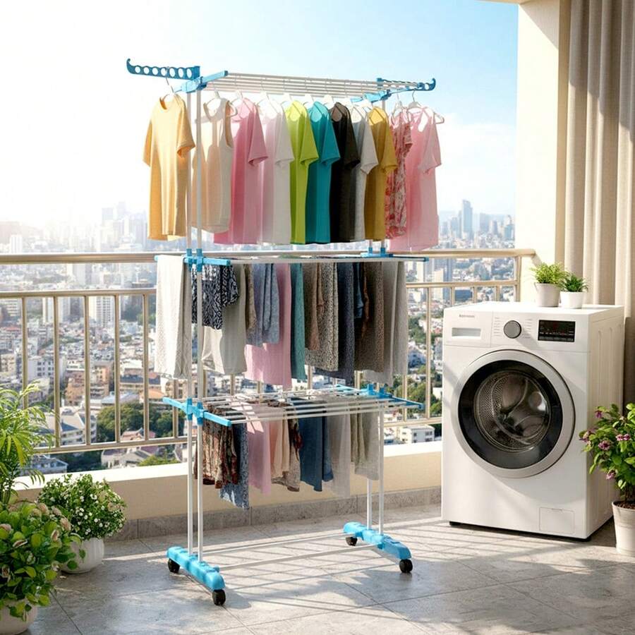 LIVINGANDHOME 3 Tiers Foldable Rolling Clothes Airer,Space Saving Clothes Drying Rack With Shoe Storage,Towel Rack For Indoor Outdoor Air Dryer,Space Saving Laundry Organiser - Blue 71cm(W) X 46cm(D) X 167cm(H) - View 1
