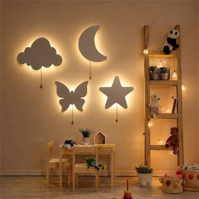 1pc Wall Lamp, Cloud Butterfly Star Lamp, Suitable For Bedroom Wall Cute Butterfly Decoration Wall Lamp With Zipper Warm White LED Wall Mounted Lamp, Suitable For Bedroom Headboard Porch(3*AAA Batteries Not Included)