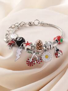 1pc Y2K Elegant Fashion Sweet Cute Rhinestone Fruit Cherry, Daisy, Lightning, Billiard Ball 8, Four-Leaf Clover, Beetle Pendant Adjustable Detachable Copper Bracelet, Suitable For Women Party, Large Gathering, Prom, Banquet, Perfect Gift For Friends And Family, All Seasons, Photography, Commuting, Daily Wear - Multicolor - View 10