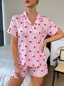2pcs Pink Heart & Wave Print Women Pajama Set, Short Sleeve Lapel Button Top & Elastic Waist Shorts, Comfortable Knit Casual Loungewear With Pockets, Suitable For All Seasons - Pink - View 3