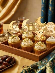 12件套宰牲节蛋糕装饰插牌，开斋节快乐闪亮金色纸杯蛋糕插牌，斋月快乐甜点装饰配件 - 均碼 - 查看 5