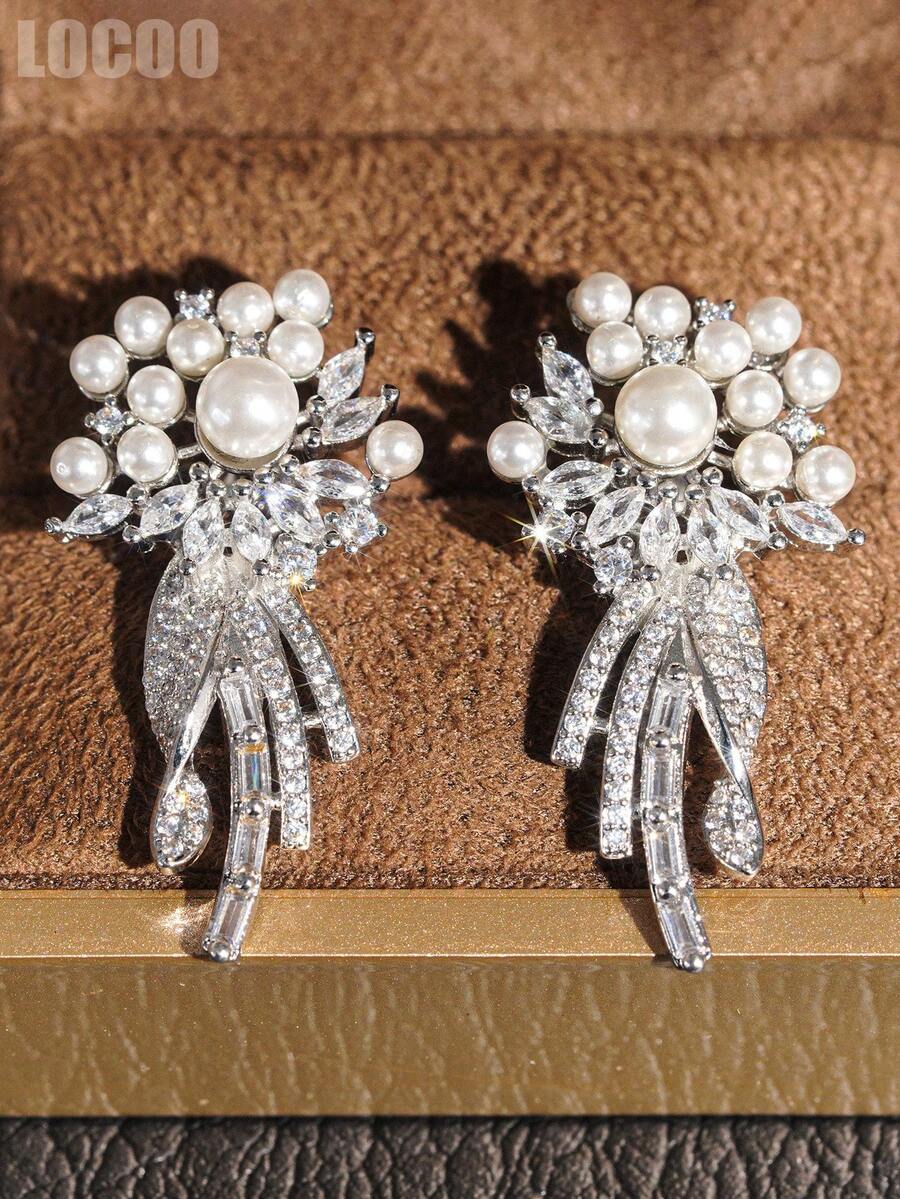 1 Pair Classical Cubic Zirconia & Faux Pearl Stud Earring For Women For Wedding Engagement Anniversary Party Jewelry Valentine's Day Gift - 1# - View 1