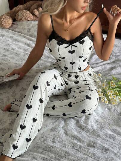 女士两件套黑桃心形印花吊带背心和阔腿裤套装，蕾丝饰边收腰设计，S码，透气休闲外套，甜美性感少女家居服