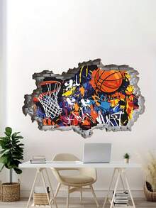 19.29 X 12.59 Inch Wall Decal, Street Graffiti Style Basketball Theme With Basketball, Hoop, Colorful Dots, And Creative Graffiti Font, Suitable For Bedroom, Dorm, Game Room And Home Decor - D - View 12