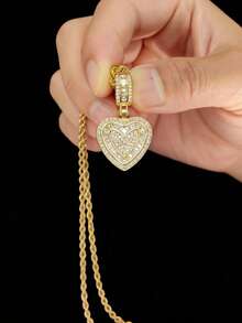 1pc Cubic Zirconia Heart Shaped Pendant On 1pc Stainless Steel Snake Chain Necklace, Hip-Hop Retro Pendant Necklace For Women, Suitable For Daily Wear Or Parties, Mother's Day, Valentine's Day Gift - Vàng - Xem 2