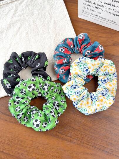 4 chiếc dây buộc tóc nữ kiểu scrunchie mới về, chất liệu vải, in hình World Cup bóng đá, dây chun buộc tóc, phụ kiện tóc dự tiệc xem trận đấu.