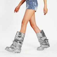 Women's Platform Round Toe Mid Calf Boots With Chunky Heel - M-銀色 - 查看 8