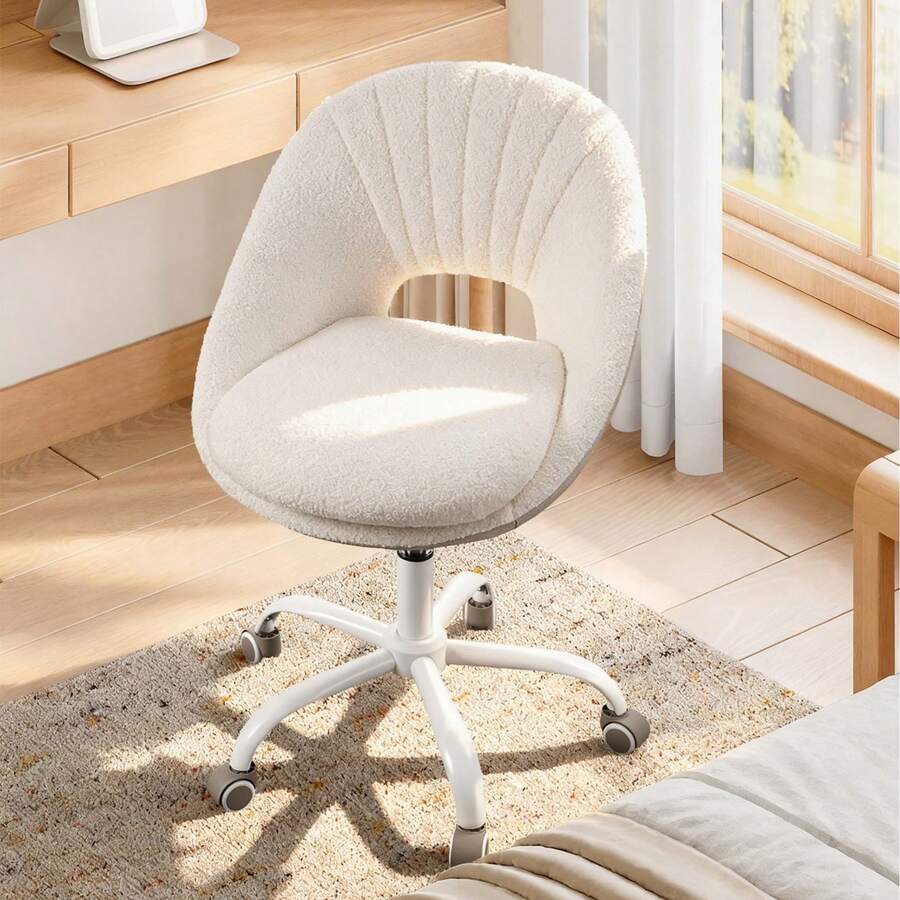 HEXCELEN Hairdressing Chair, Swivel Chair, Office Chair Made Of Breathable Sherpa Fabric And Polyurethane, Suitable For Bedroom, Office And Living Room, Beige-White - 白色 - 查看 1