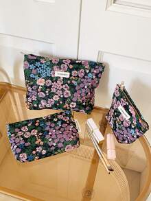 1 PC/Set Purple Green Floral Jacquard Embroidery Women Girl Makeup Pouch Make Up Bag Portable Large Capacity Cosmetic Bag With Zipper,For Travel And Vacation Essentials,For Sanitary Napkins,Keys,Hair Accessories,Charger,Lipsticks,Cosmetics,Perfume,Makeup Brush Holder Organizer Storage Bag,For Skin Care And Beauty Products,For Women,Students,School Girls,For Birthday Gifts,Friends Gift,Holiday Gift - Màu tím - Xem 2