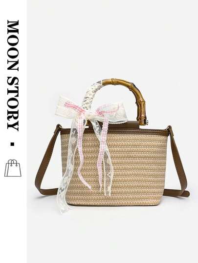 New Spring/Summer Versatile Beach Crossbody Bag With Bow Accent, Ladies Straw Bucket Handbag, Bamboo Handle Tote Bag