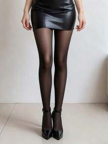 1 Pair - Women High Waist Seamless Stockings, Sexy Glossy Pantyhose, Thin Transparent Slimming Tights - 黑色 - 查看 1