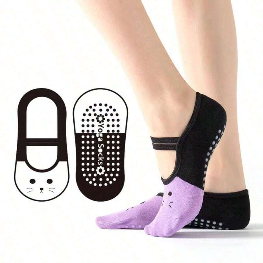 1 Pair Cartoon Lace-Up Fashion Boat Socks, Non-Slip Trampoline Socks, Ballet Yoga Socks, Non-Slip Socks With Cartoon Cat Design, Colorblock, Lace-Up, Non-Slip Sole, Suitable For Indoor Floor Sports, Multi-Color One Size, Professional Non-Slip Yoga Socks For Beginners, Pilates, Indoor Use, All Seasons, Summer Sports Socks For Women