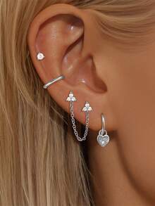 4 piezas Conjunto de aretes colgantes con forma de corazón para mujer, chapados en oro con circonita cúbica, conjunto de aretes con doble pendiente y cadena, accesorios de joyería para boda y fiesta - 4 piezas/juego - Ver 2