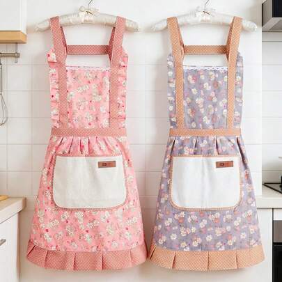 2件装花卉公主围裙，可调节H型肩带烹饪烘焙围裙，带口袋，粉蓝花卉图案，可爱烘焙围裙，餐厅装饰，可水洗烹饪围裙，可爱围裙，厨房用品，母亲节礼物，春季派对装饰，家居装饰