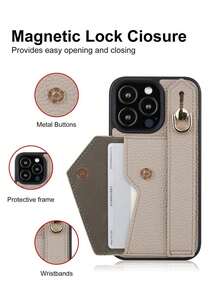 1pc Khaki Card Holder + Leather Phone With Wrist Strap Stand Function, Compatible With 11 12 13 14 15 16e 17 Plus Pro, S20 Ultra/ S21 Plus/ S21 Ultra/S22 Plus/S23 S24 S25 Ultra, 1 V/ 5 V/ 10 V Waterproof Shockproof Anti-Fall Scratch Resistant - Khaki - 查看 9