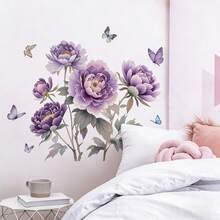 Pegatinas de pared con flores de peonía moradas y mariposas para dormitorio, sala de estar y baño, adhesivas, decoración floral y de plantas para el inodoro - Multicolor - Ver 6