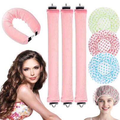 Complete Heatless Hair Styling Kit: 3 Curling Rods + 3 Colorful Polka Dot Shower Caps, No Heat Damage Overnight Curler For Long Hair, Reusable Waterproof Bath Caps For Shower & Hair Care