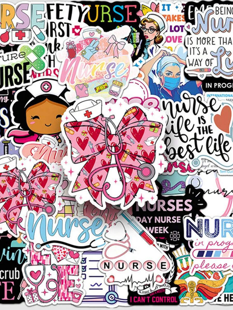 50 adesivos para o Dia Internacional da Enfermagem, presente para enfermeiros e enfermeiras, adesivos decorativos de vinil para o feriado médico, adequados para garrafas de água, guitarras, malas, capas de celular, laptops, skates, etc. - b - Ver 1