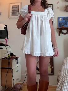 Women's Y2k Doll-Style Top , Fairy-Inspired Retro Sleeveless Square-Neck Sweet Short Party Princess Summer Blouse, Street Style, Concert Outfit, Preppy Mini White Dress - 白色 - 查看 4