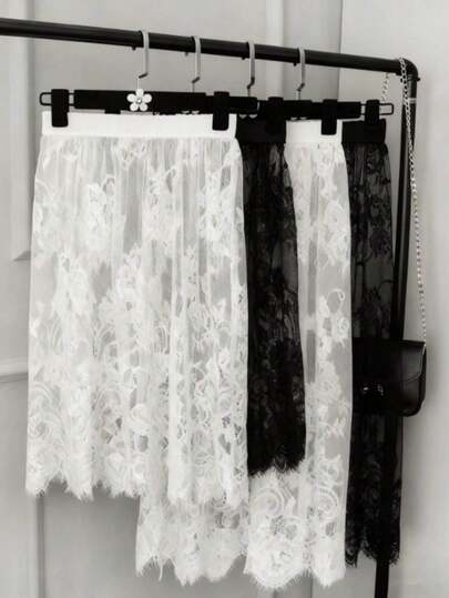 1pc Lace Skirt, Elegant White/Black Sheer Lace Overlay Skirt, High Waist Beach Cover Up Skirt, Elastic Adjustable Waistband, Ditsy Floral, Suitable For Spring/Winter/Autumn, Can Be Worn With Sweatshirt