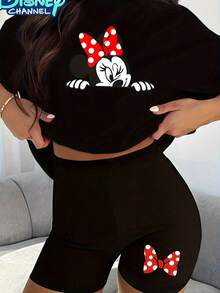 Disney Authorized Two-Piece Suit, Short-Sleeved T-Shirt+Shorts Yoga Pants, With Black And White Creative Cartoon Disney Authorized Design, Very Suitable For Casual And Comfortable Short Sleeves And Shorts. , Ladies Outdoor Suits, Free Shipping, Ladies Matching Suits, Ladies Trousers Suits, Ladies Sports Suits. - 黑色 - 查看 1