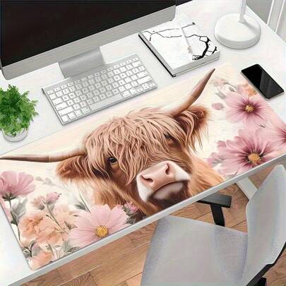 1 Piece Of Large Extended Gaming Mouse Pad With Highland Cow Floral Pattern - Non-Slip Rubber Base Desk Mat, Extra-Wide Computer Keyboard Pad, Suitable For PC, Farmhouse Decor Workspace Accessory. Desktop Essential Mouse Pad