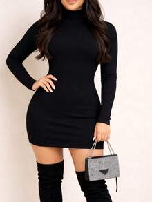 Women's Midi Bodycon Dress With Long Sleeves, High Neck, And Ribbed Fabric For Winter - Black - View 1
