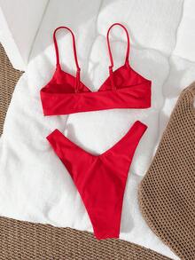 Women's Solid Color Metal Ring Detachable Bikini Set With Removable Straps, Summer Vacation Beach Red - Red - View 3