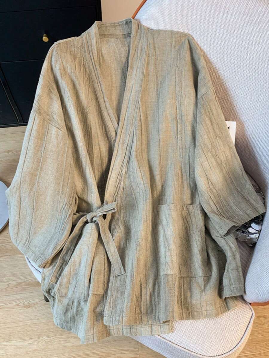 LUCIDVUE 1件女士中国风亚麻外套，春夏新款复古东方宽松系带腰身上衣，带口袋，休闲开襟汉服风外套 - 杏色 - 查看 1