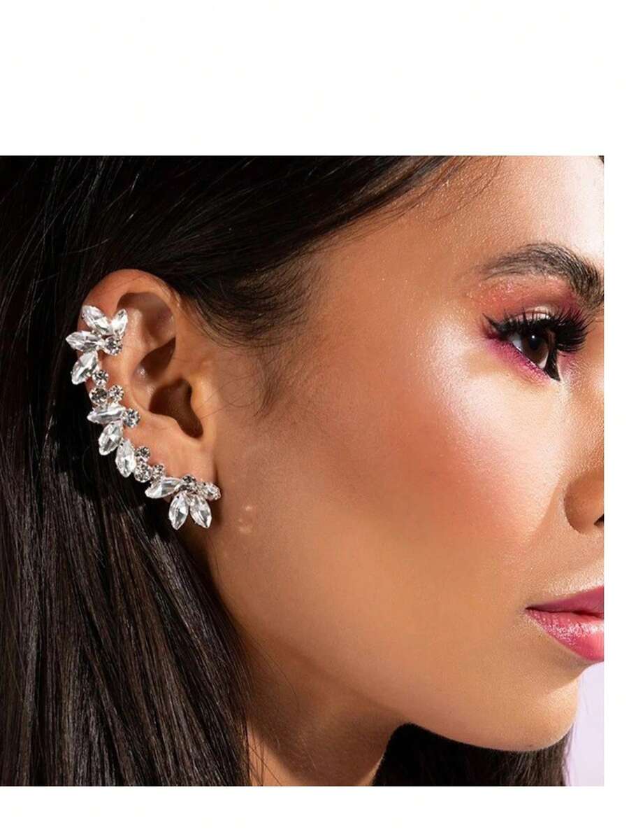 1件银色左耳镶钻耳夹，优雅饰品 - 銀色 - 查看 1