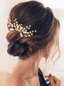 1pc Bridal Alloy Rhinestone Hair Comb, Suitable For Wedding, Party, Gathering - Gold - View 1