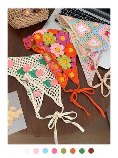 手工钩编镂空花卉三角围巾，多功能头巾，适合旅行、春夏秋季佩戴，波西米亚风