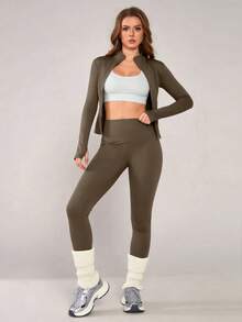 1 Set Women Elastic Zipper Casual Everyday Wear Stand Collar Design Waist Cinched Dance & Sports Outfit Spring - Brown - View 6