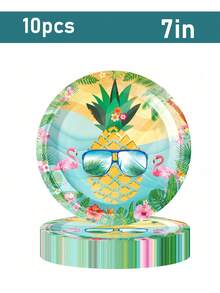 10件套梦幻乐园火烈鸟主题派对用品，夏季海滩纸盘、餐巾纸和纸杯套装，菠萝图案，夏威夷风情餐具，可供10位客人使用 - 多色 - 查看 9
