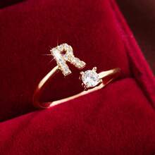 1 chiếc nhẫn điều chỉnh được, thiết kế chữ cái tiếng Anh tối giản, đính đá Cubic Zirconia, dành cho nữ. - Nhiều màu - Xem 53