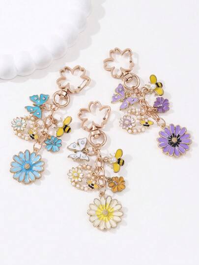 1个春季花卉卡通可爱蜜蜂蝴蝶油滴钥匙扣，时尚百搭包包/汽车钥匙扣