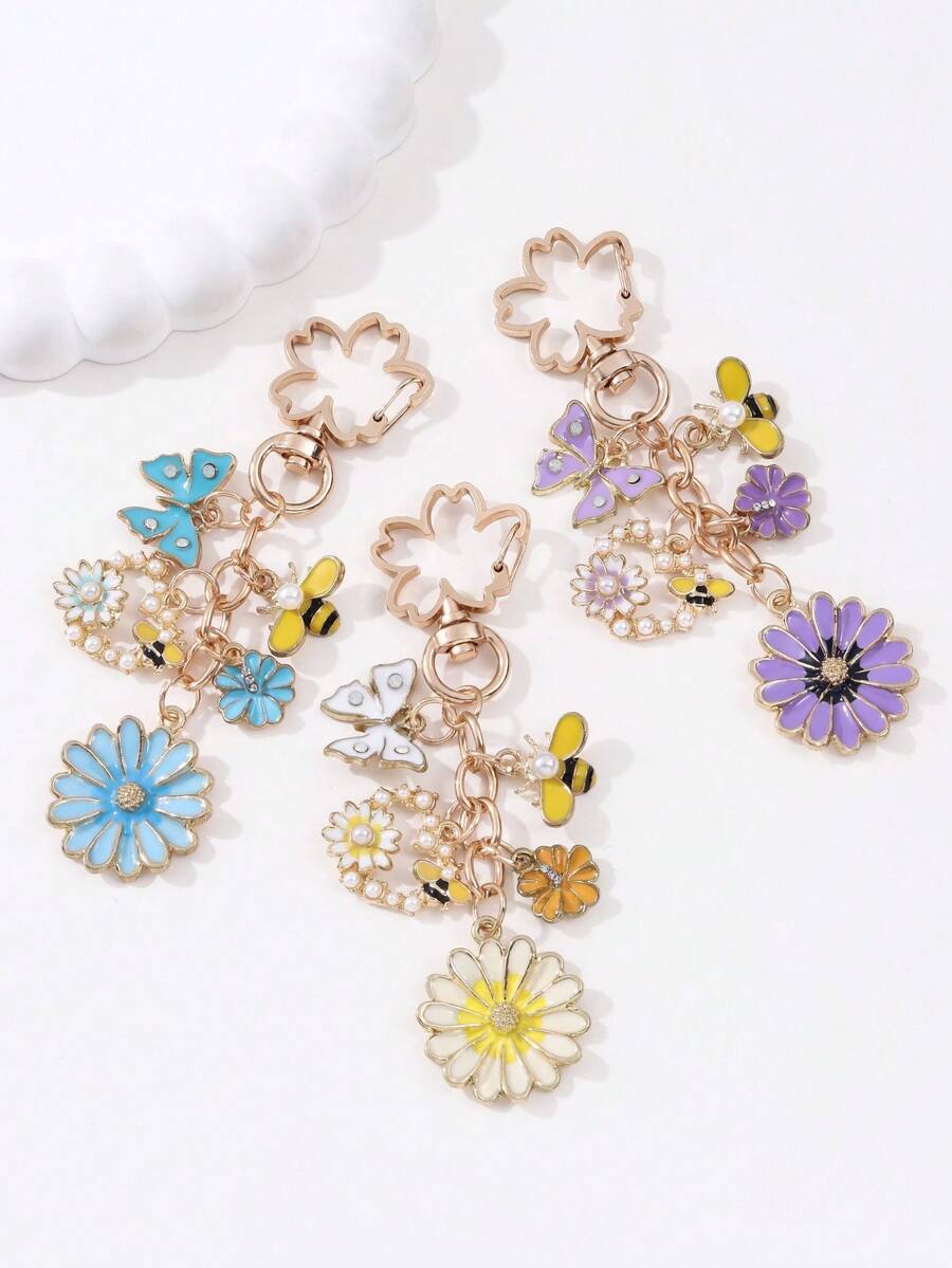 1个春季花卉卡通可爱蜜蜂蝴蝶油滴钥匙扣，时尚百搭包包/汽车钥匙扣 - 彩色 - 查看 1