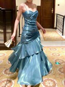 优雅珍珠荷叶边下摆正式晚礼服，修身伴娘礼服，返校季、鸡尾酒会、秋季音乐节女士礼服，夏季婚礼装扮 - 藍色 - 查看 1