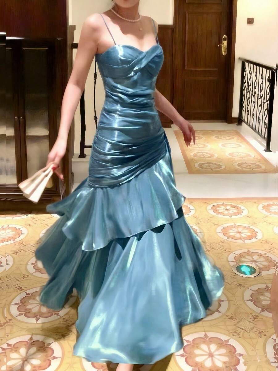 优雅珍珠荷叶边下摆正式晚礼服，修身伴娘礼服，返校季、鸡尾酒会、秋季音乐节女士礼服，夏季婚礼装扮 - 藍色 - 查看 1