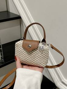 Mini Strohsack, Lippenstifttasche, Münzbeutel, elegante gewebte Handtasche, Urlaubstasche, Mini-Tragetasche, Teigtasche, Hornbeutel mit Klappe und verstellbarem Schultergurt, ideale Geschenktasche für Partys, Galas, formelle Anlässe, geeignet für Kleider, Klassenzimmer, Urlaub, Outdoor-Aktivitäten, Reisen, Sportstätten, besonders für Frauen, Mädchen, Studenten - Beige - Übersicht 3