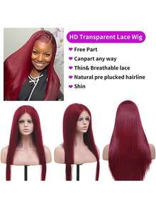 13x6 13x4 5x5HD 透明蕾丝前假发，真人发混纺，200密度，直发，预先拔毛，无胶，自然黑色蕾丝前假发，女士款 - SBUG - 查看 9