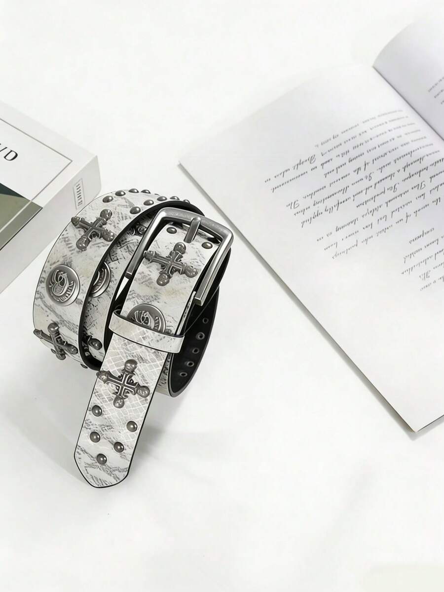 Y2K Style Metal Rivet Faux Leather Cross Rivet Decor Belt, Suitable For Women And Men Jeans And Pants - White - View 1