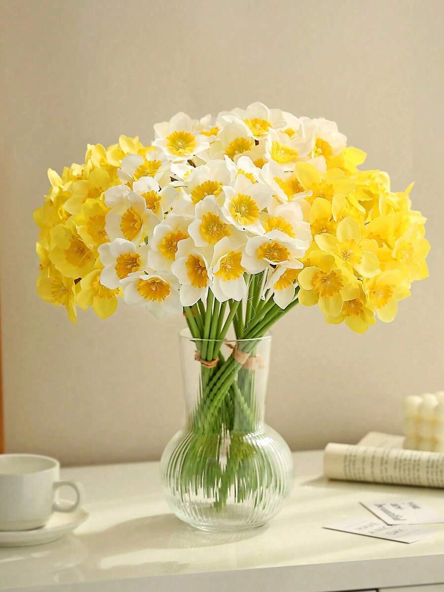 3/6/8/12支装仿真水仙花，黄色假水仙花，适用于婚礼装饰、家居装饰、室内装饰等，是家居和婚礼装饰的理想选择。 - 彩色 - 查看 1