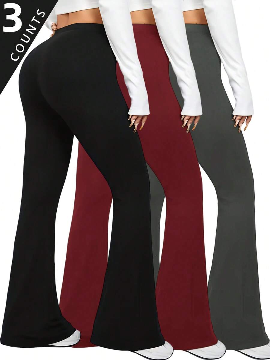 3-Pack Women's High Waisted Solid Black Gray Red Flared Leggings With Deep Side Pockets, Wide Leg Bell Bottom Yoga Pants For Gym, Running, Travel, Lounge, Everyday Casual Wear Sport Bottoms - 3 chiếc (đen, xám, đỏ) - Xem 1
