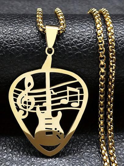 1 pieza Colgante de collar con púa de guitarra de acero inoxidable dorado, colgante de nota musical hueca y clave de sol para hombres, joyería diaria de rock y hip hop